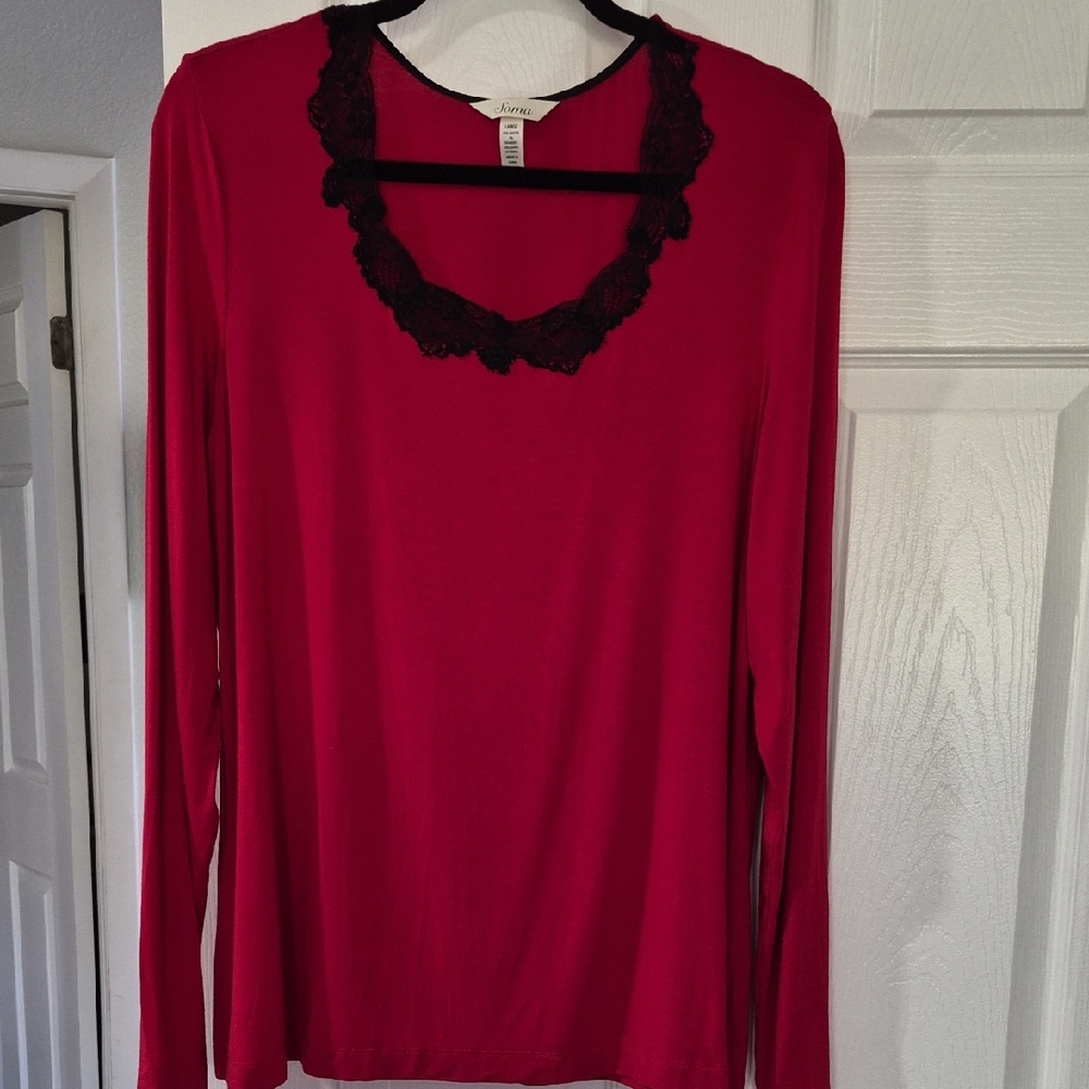 EUC SOMA Red Long Sleeve Top with Black Lace-Large